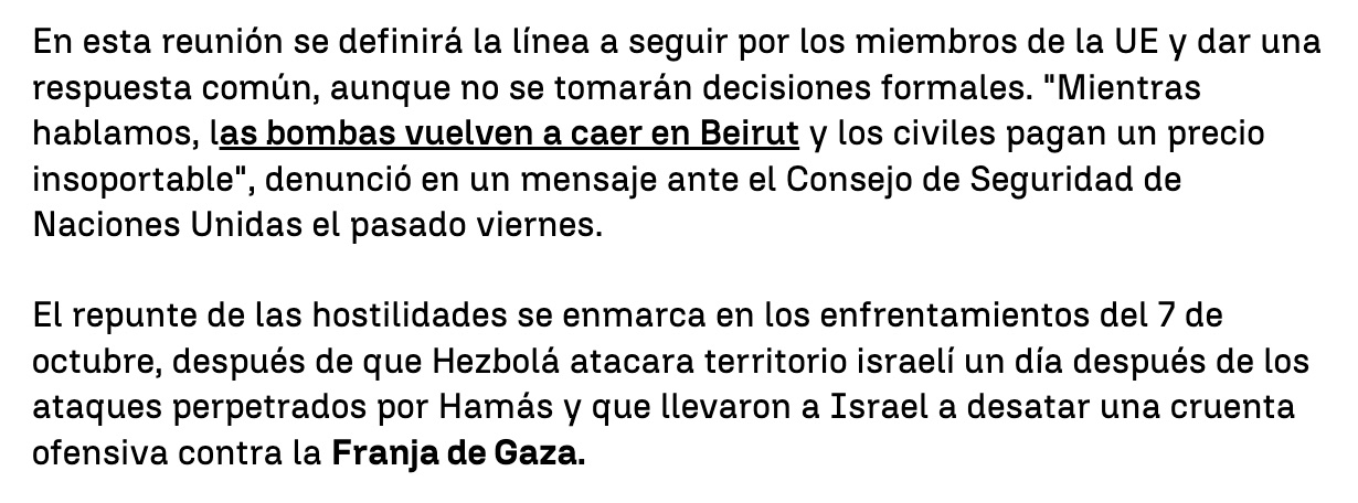 Párrafo de Antena 3 Noticias: "El repunte de las hostilidades se enmarca en los enfrentamientos del 7 de octubre…"