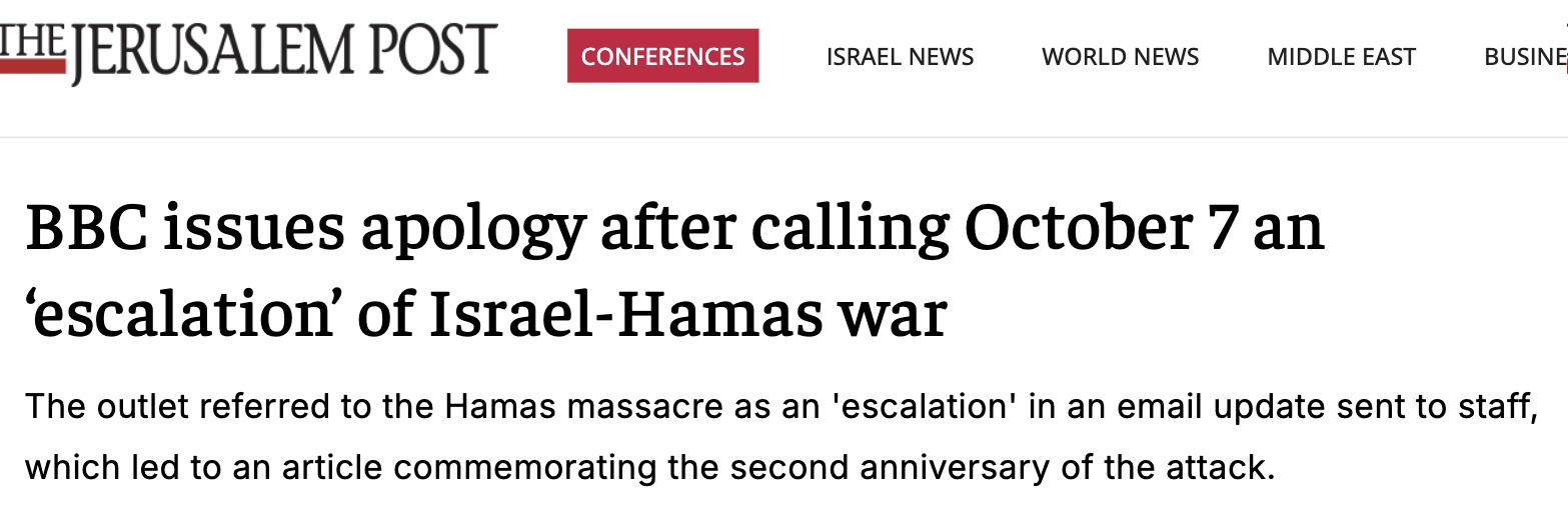 Titular de The Jerusalem Post: "BBC issues apology after calling October 7 an ‘escalation’ of Israel-Hamas war"