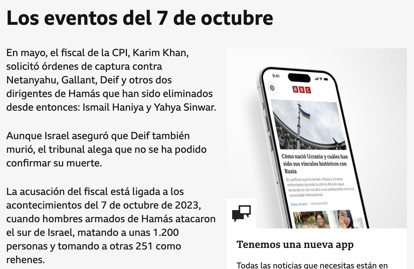 Intertítulo de BBC News Mundo: "Los eventos del 7 de octubre", sobre párrafos que explican la acusación de la Corte Penal Internacional.