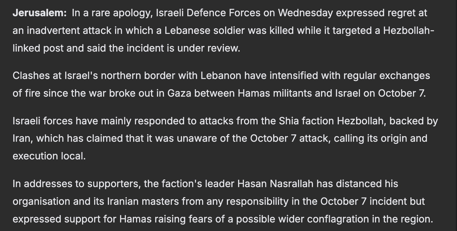 Párrafo de NDTV: "…the faction’s leader Hasan Nasrallah has distanced his organisation and its Iranian masters from any responsibility in the October 7 incident…"